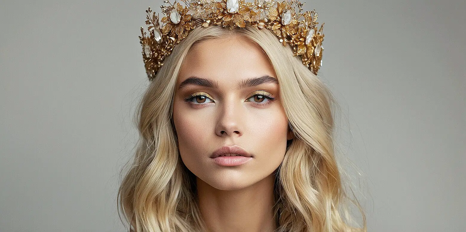elite-introduction-agency-blond-model Sophisticated blonde woman with crown-like headpiece — representing high-end dating agency.