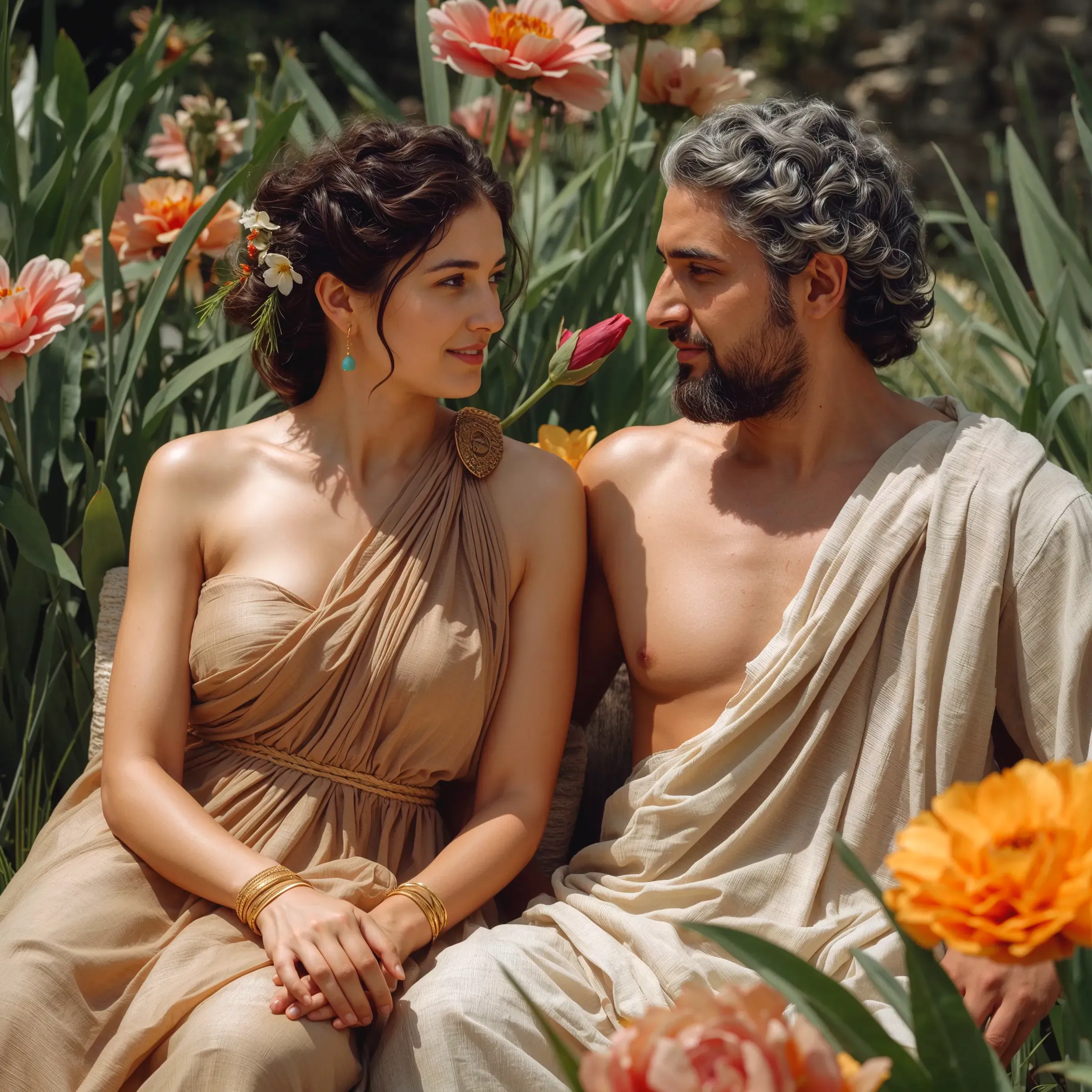 Elegant woman with a man, flowers in the background