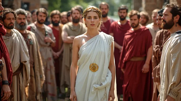 Elegant woman surrounded by men, representing a famous Heitara figure