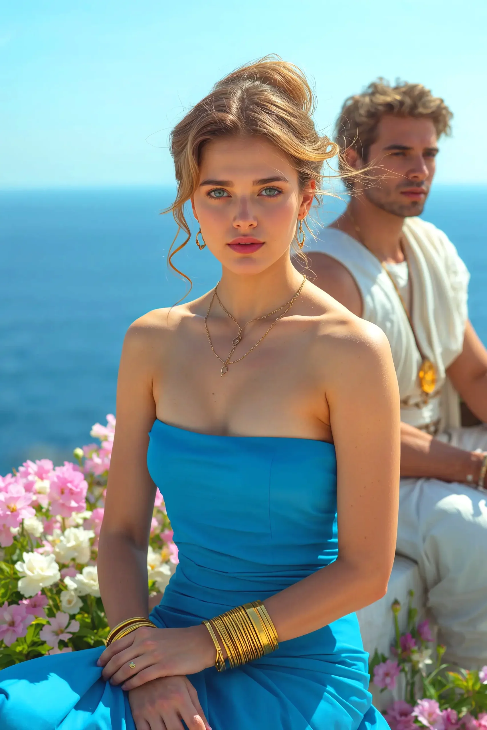 Young woman in a blue dress with gold bracelets standing by the sea with flowers and an ancient man in the background