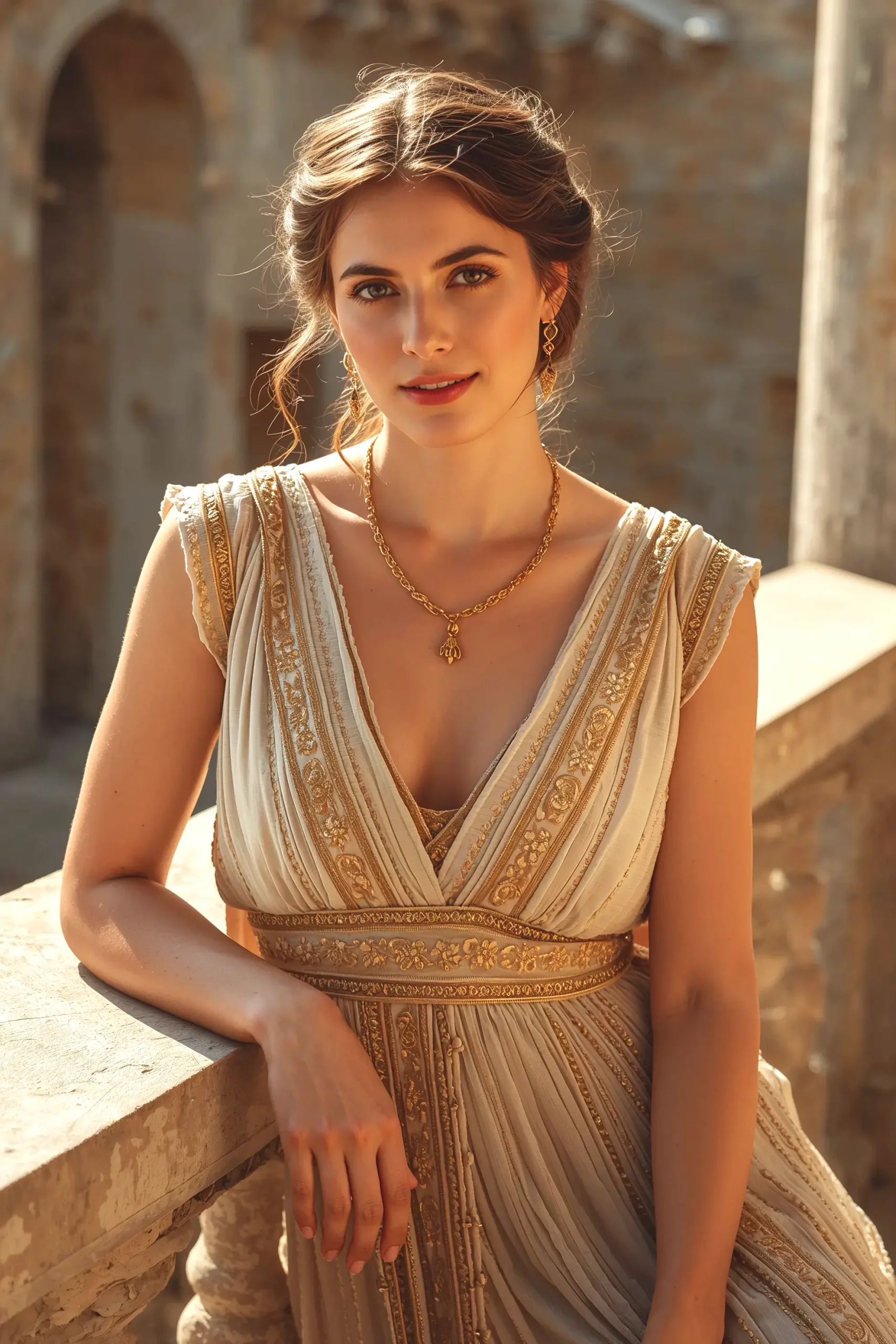 Ancient Greek elite woman in white and gold dress, famous hetaira portrait, blurred antique castle background