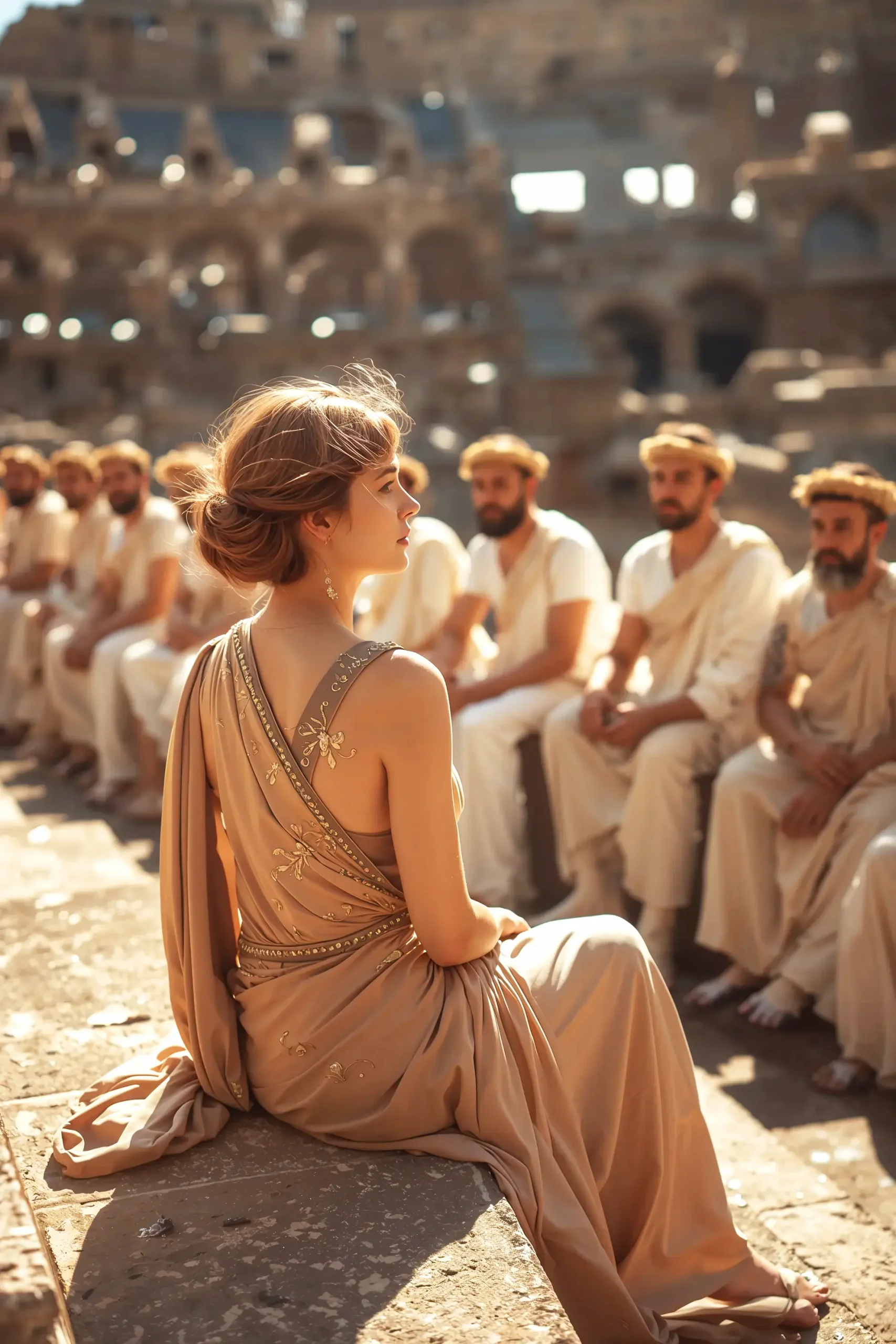 Ancient hetaira seated in coliseum, elite woman seen from behind, famous hetaira facing men with laurel wreaths, profile view