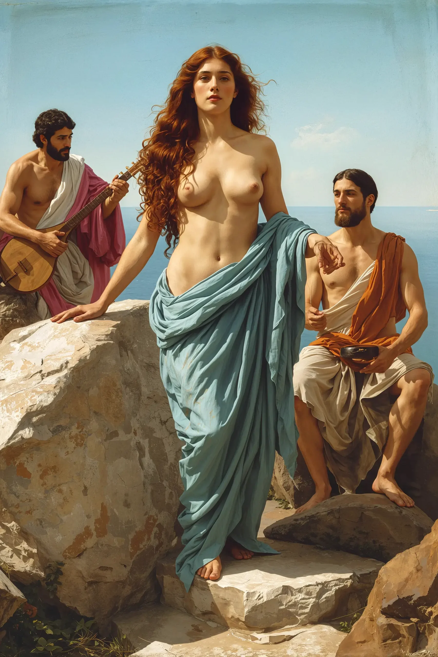 Ancient painting of famous hetaira topless with blue drapery, elite woman in hetaira Greece, men with string instrument