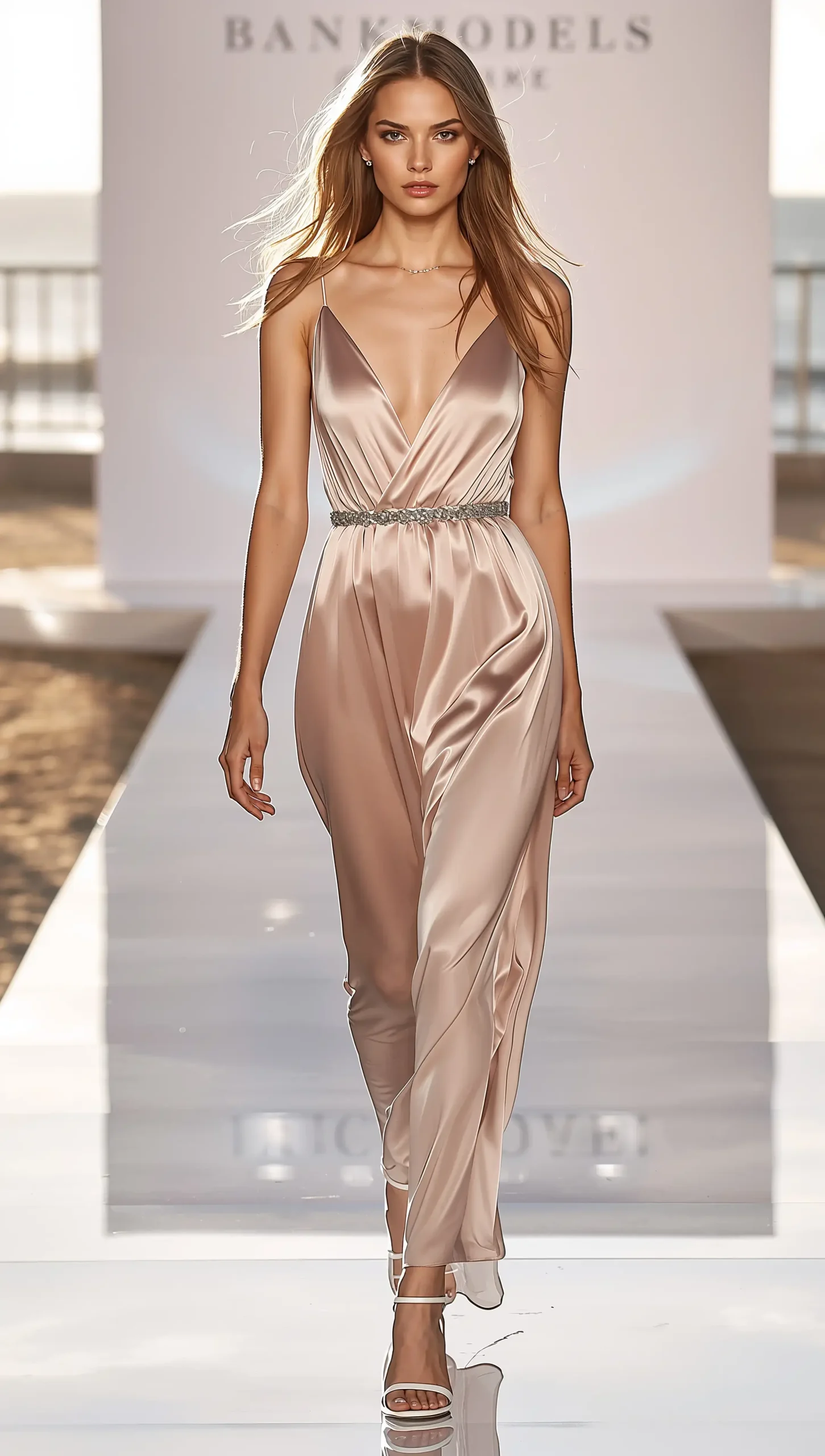 Elite companion in beige blush dress with silver belt on runway