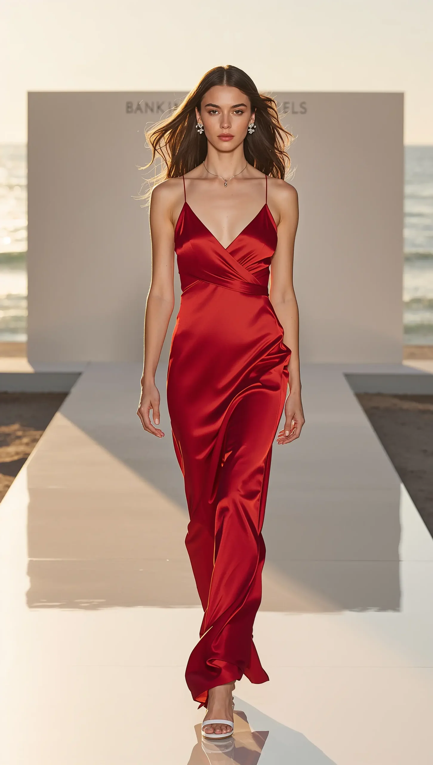 Elite international model in red gown on fashion runway