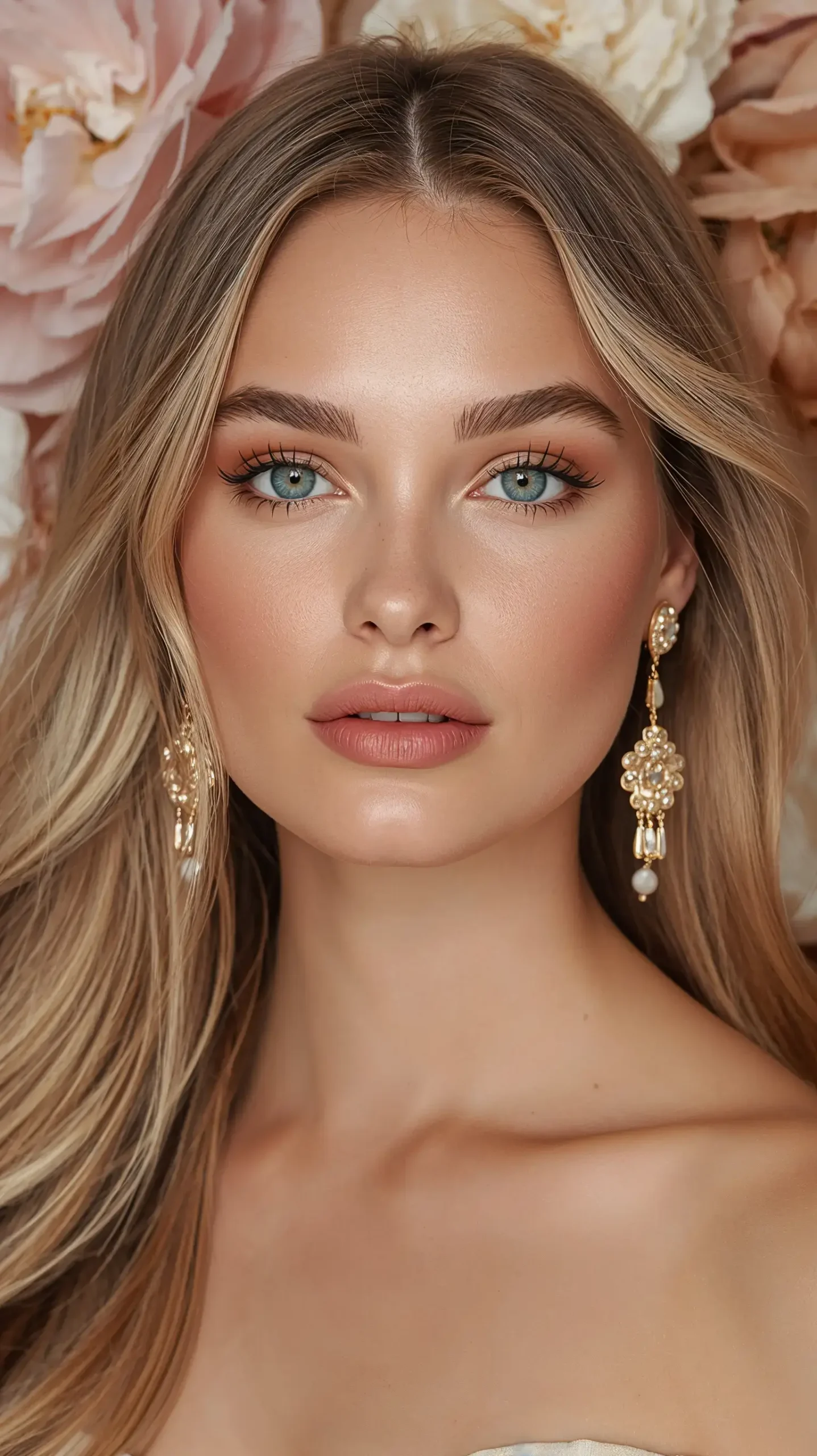 Close-up portrait of blonde elite travel companion with gold earrings