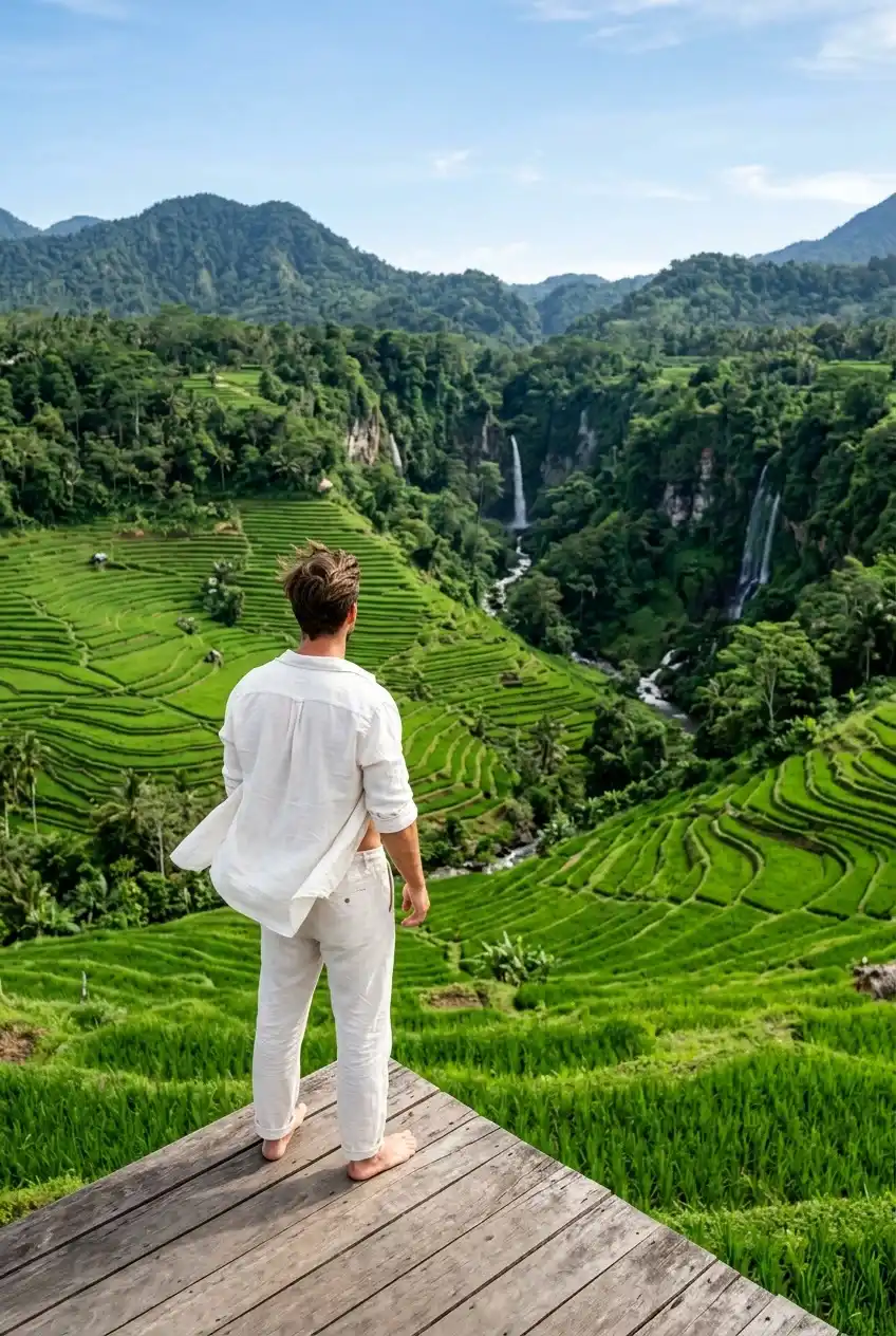 Single man enjoying a luxury holiday surrounded by lush green mountains