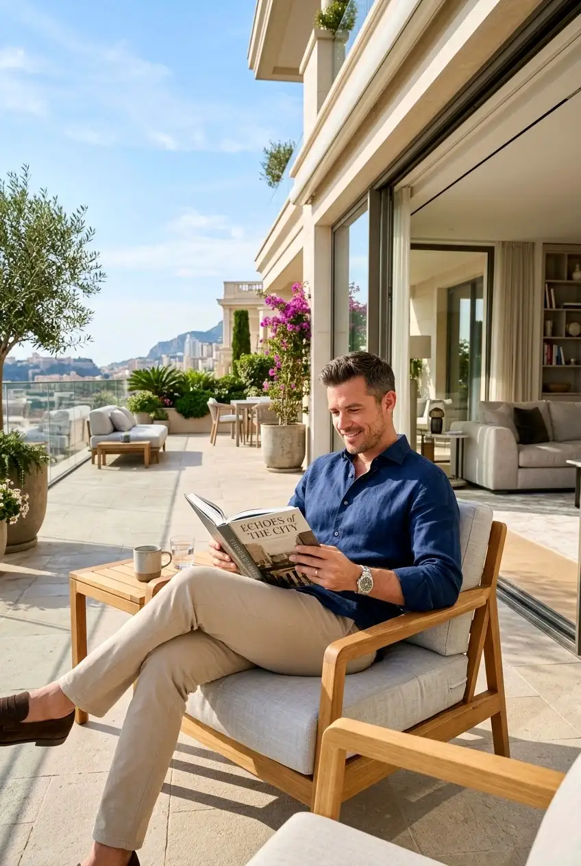 Unmarried man reading a newspaper on a luxury terrace overlooking the coast