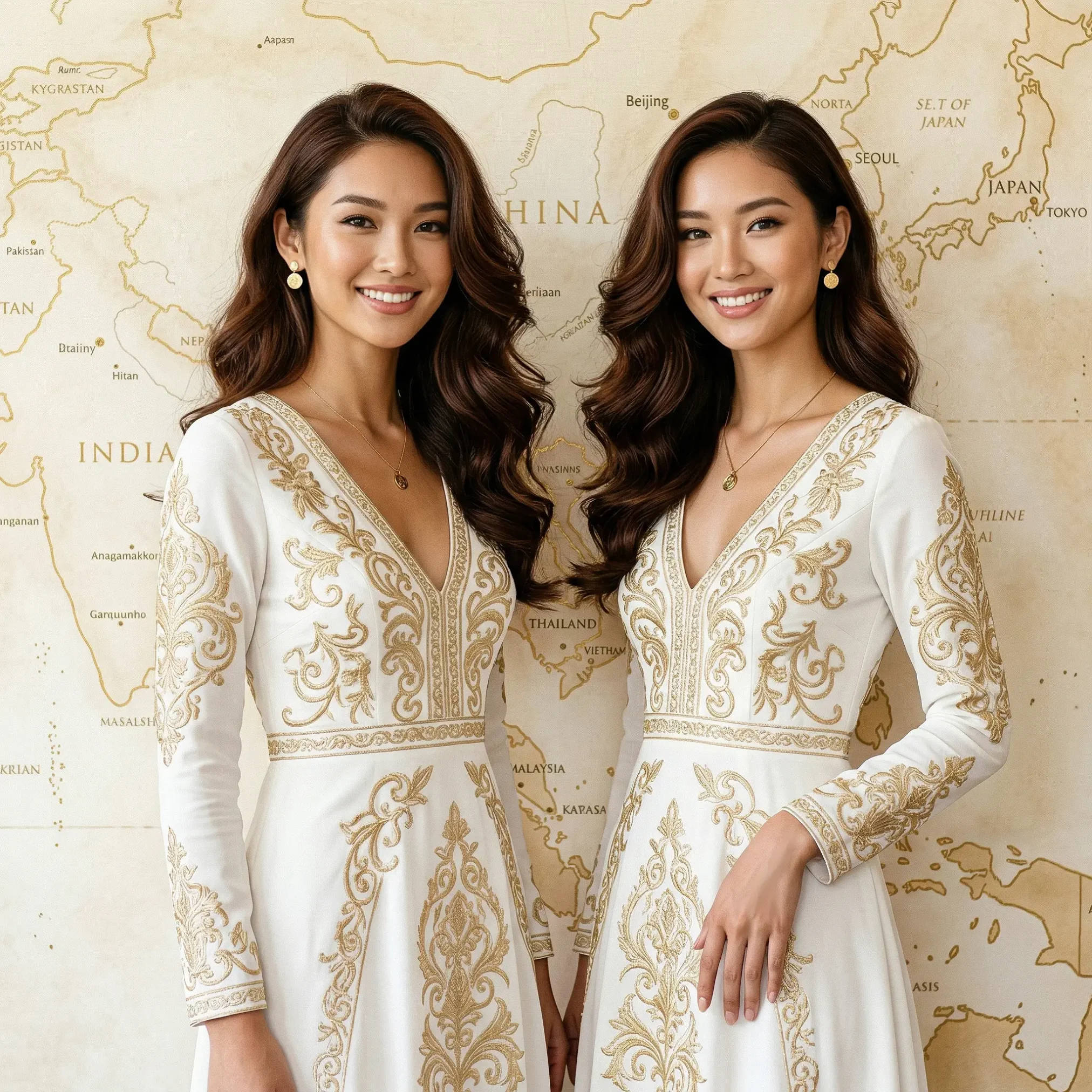 Two elegant Asian fashion models in matching white and gold embroidered gowns, standing and smiling in front of a large, antique-style map of Asia and the Indian Ocean.