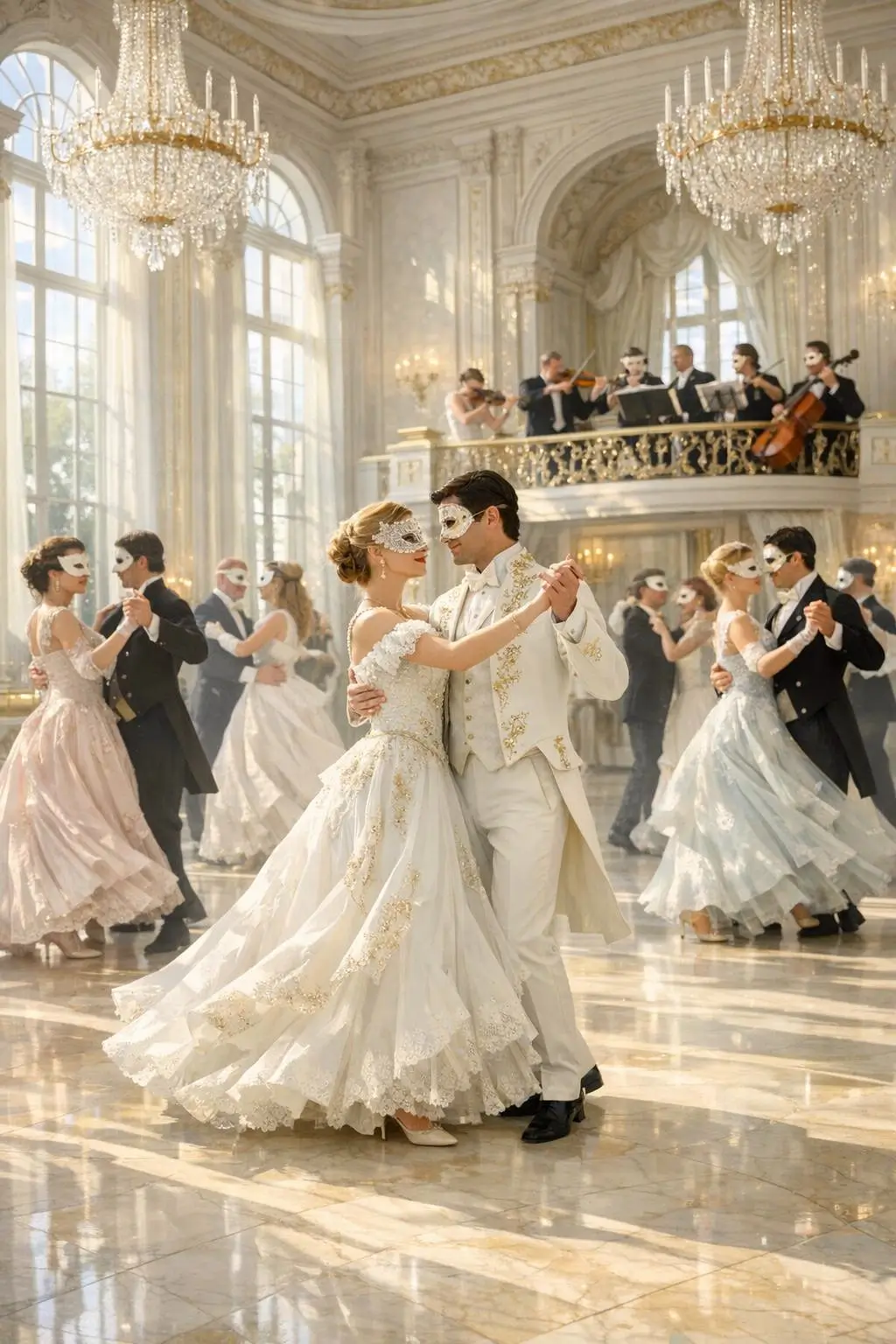 Elegant couple dancing at a refined ballroom discreet date atmosphere