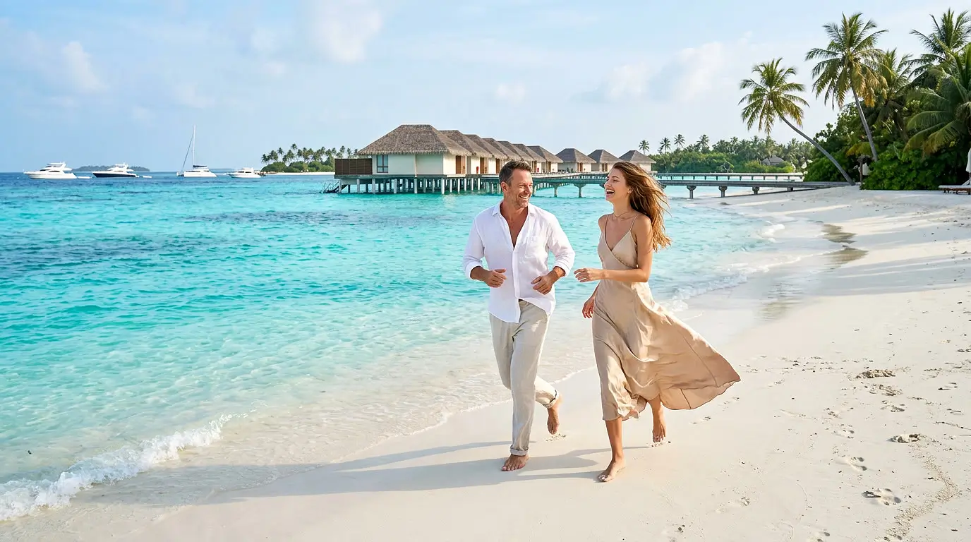 Platonic Companionship Man and woman running happily along the beach with overwater bungalows as platonic companions