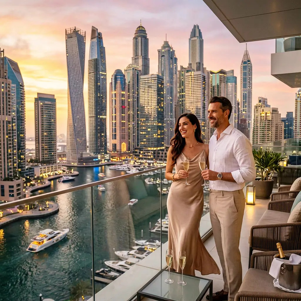 Status companion Man and woman holding champagne on a luxury balcony overlooking a marina and skyscrapers as status companions
