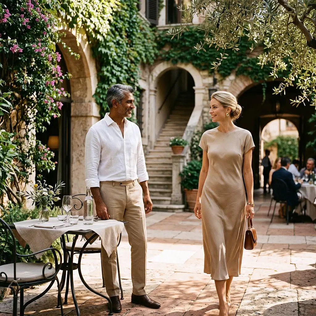 Status partner Man and woman standing together in a courtyard with green walls as platonic partners