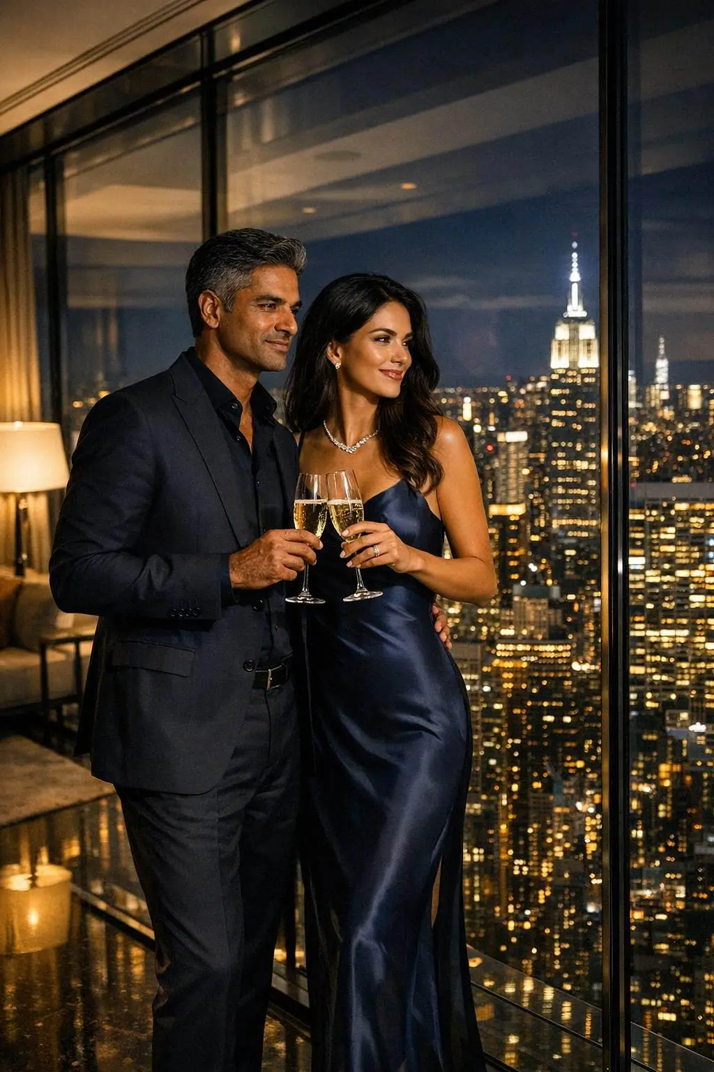 Elegant couple enjoying discreet dating services in a luxury city penthouse