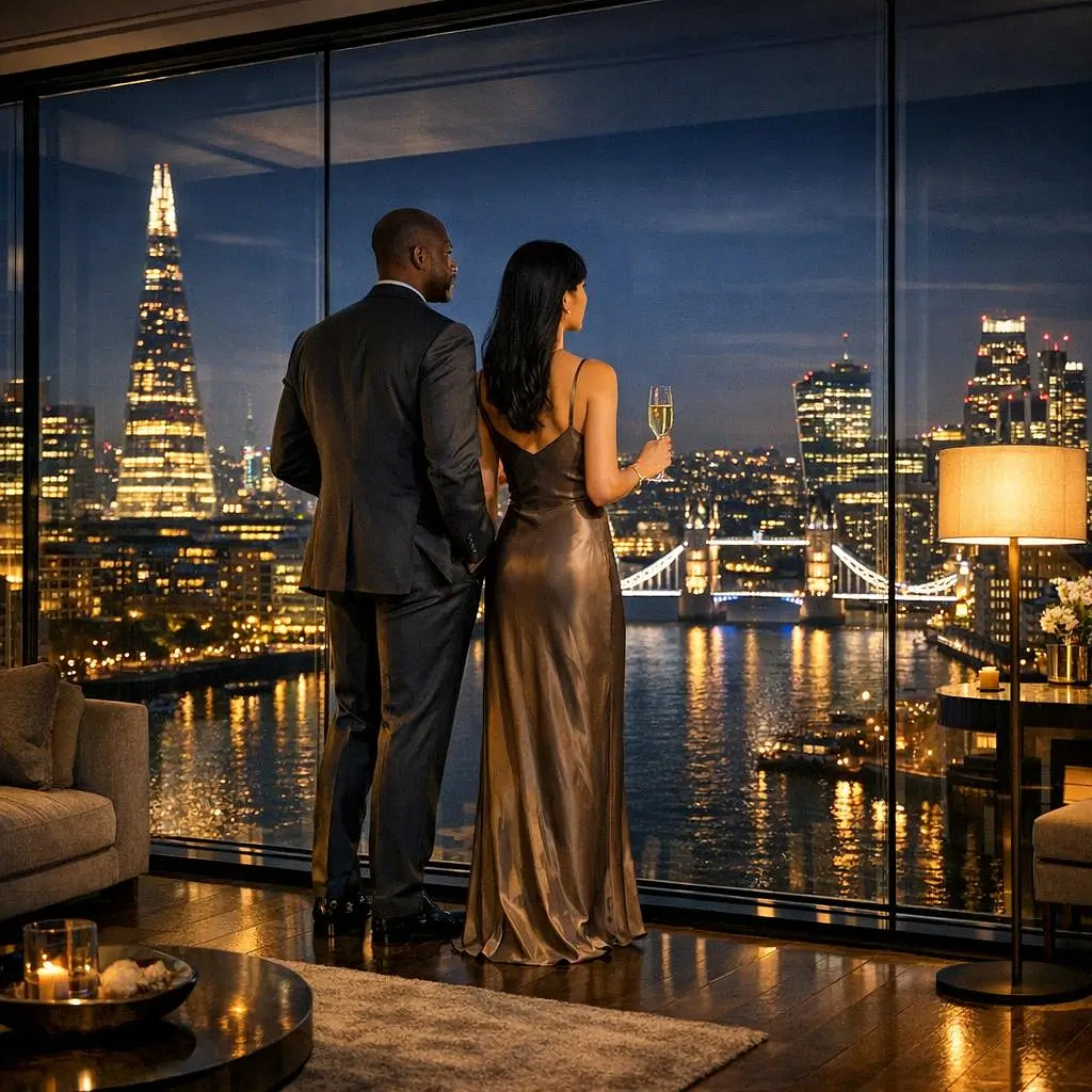 Elegant couple in a luxury London penthouse overlooking the city skyline