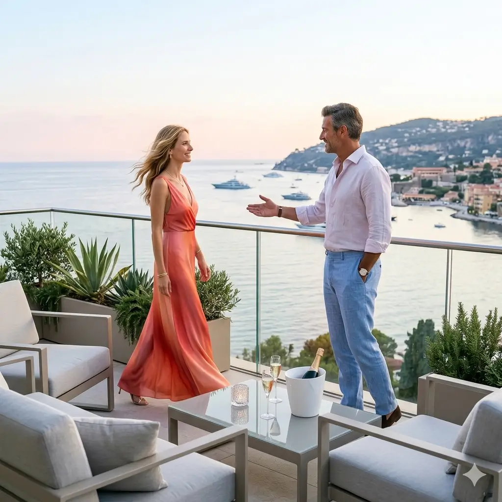 Elite dating couple meeting on a luxury terrace with sea view