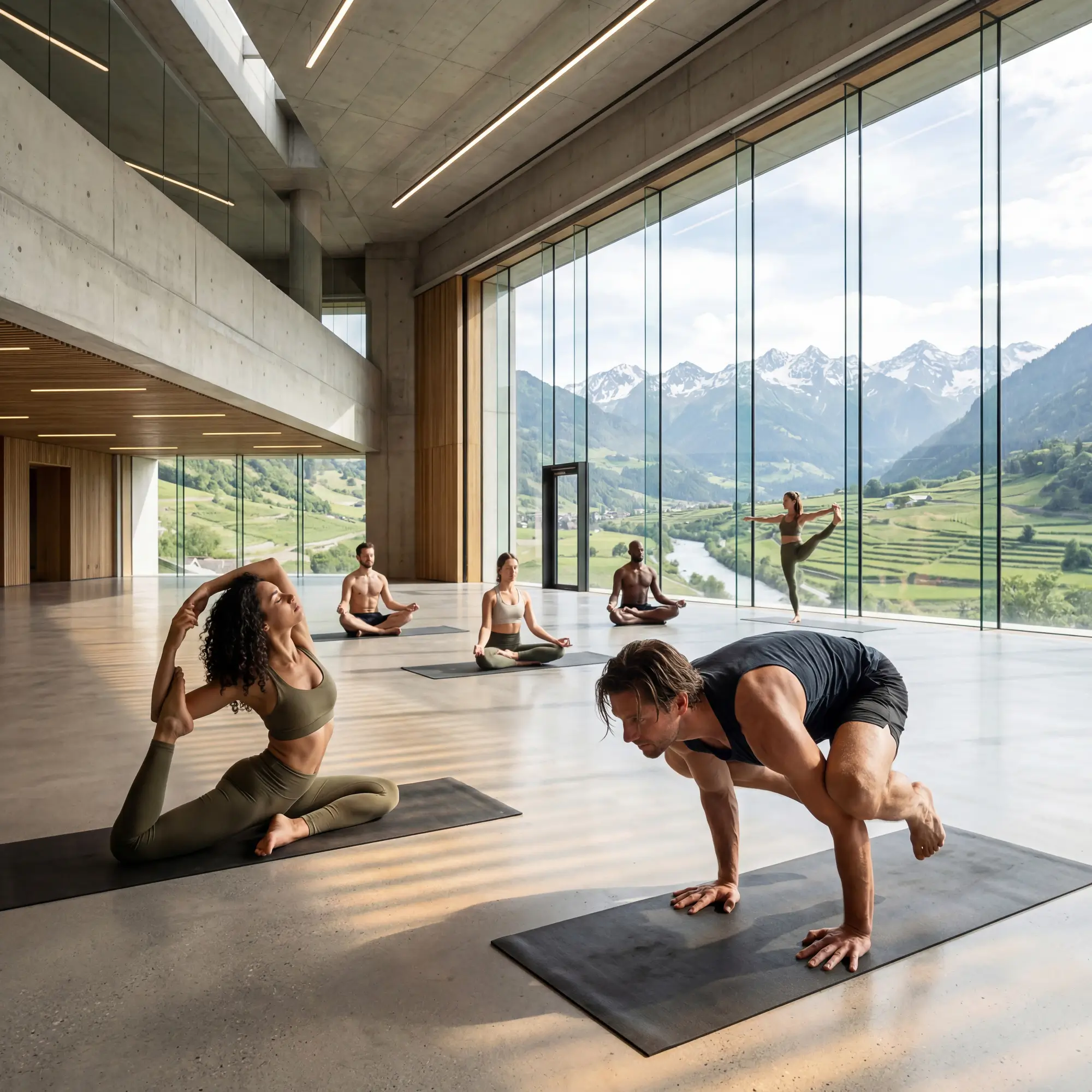 Alpha male practicing advanced yoga pose in luxury wellness studio with mountain view