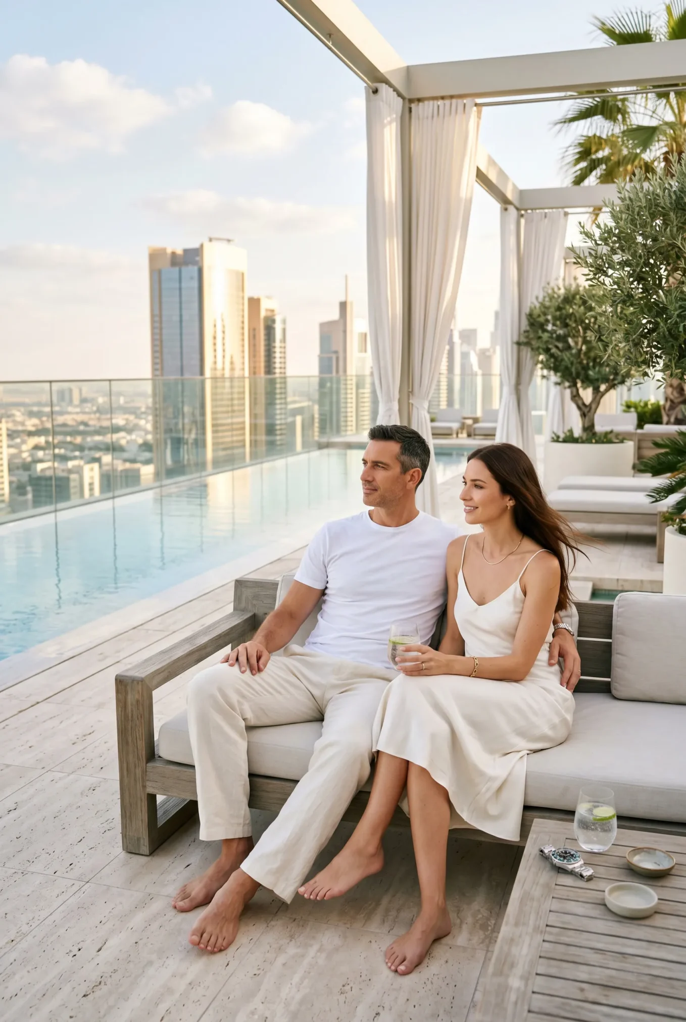 Man and woman in light clothing sitting barefoot on a bright terrace with a city skyline view and drinks on the table