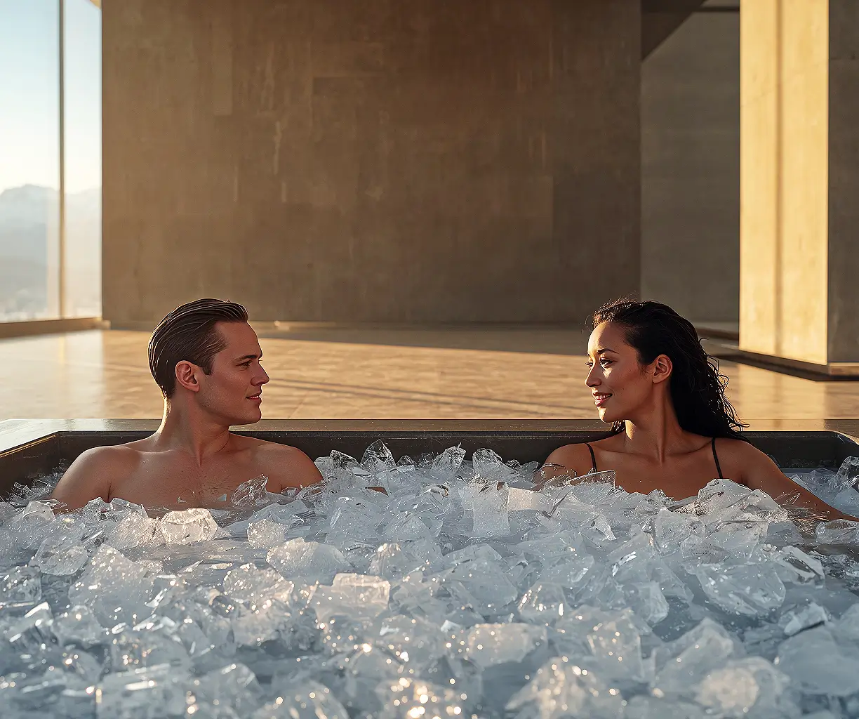 Luxury ice bath experience at sunset