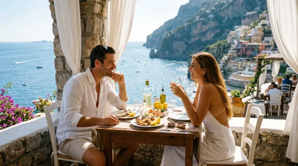 Couple dining on a restaurant terrace overlooking the sea and hillside city with seafood and wine on the table
