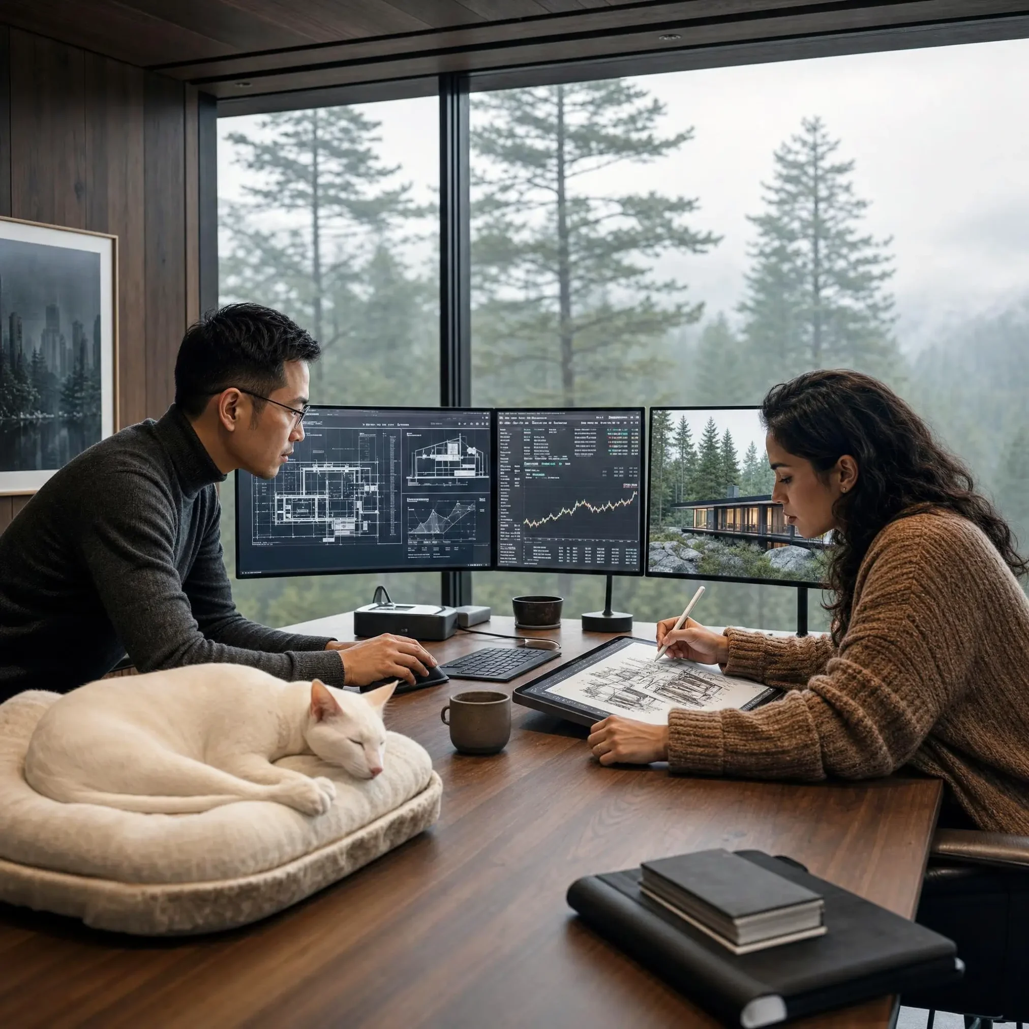 Advanced modern professionals working together in luxury home office with forest view
