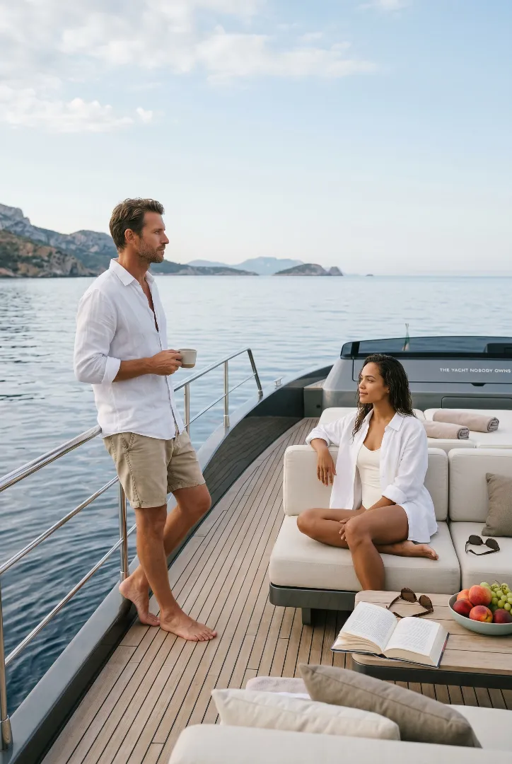 Man and woman in white shirts relaxing on a yacht at sea with fruit on the table and a cup in hand