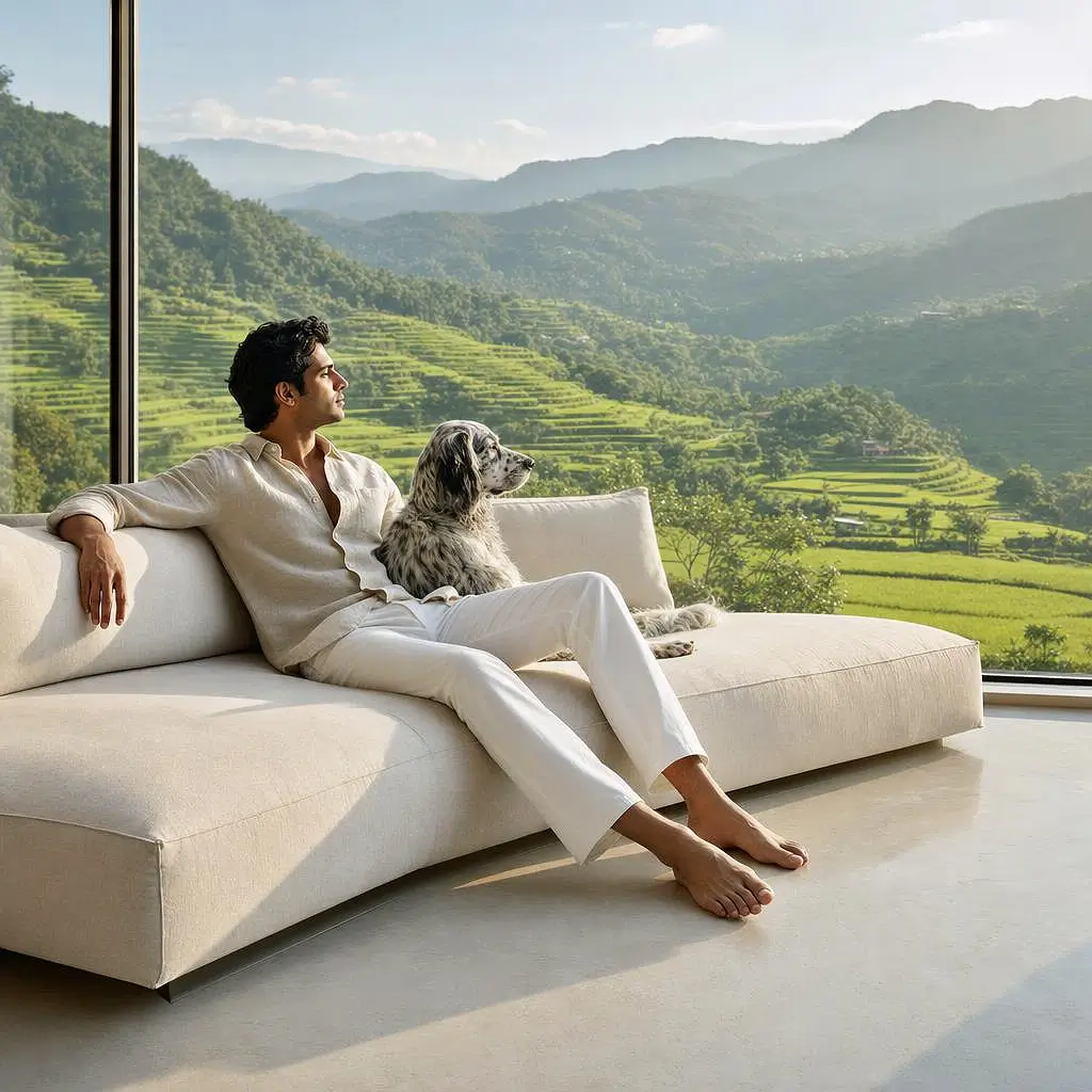 Modern man relaxing with dog in luxury villa overlooking green mountain landscape