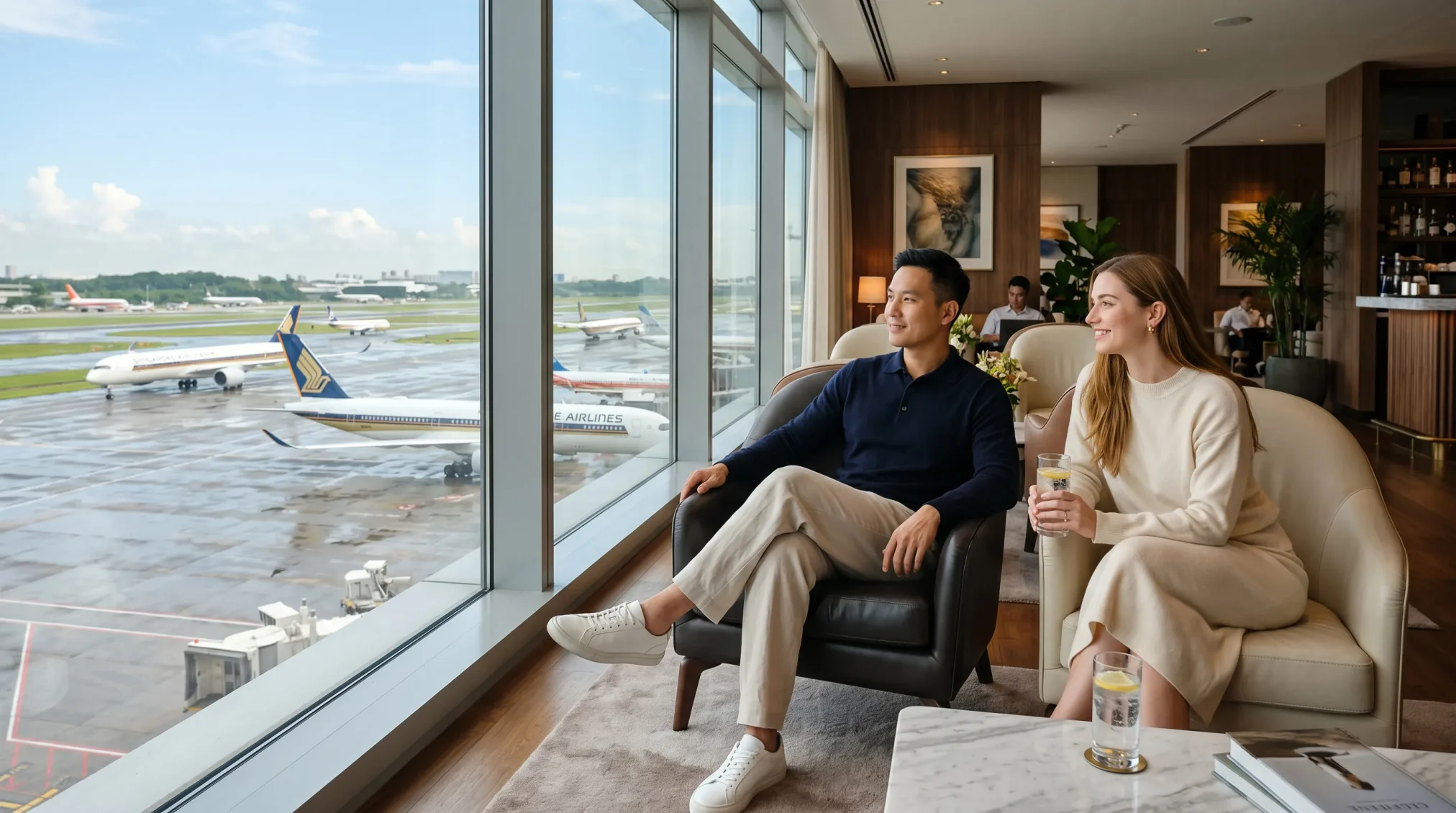 Man and woman sitting in an airport lounge overlooking airplanes on the runway through large windows