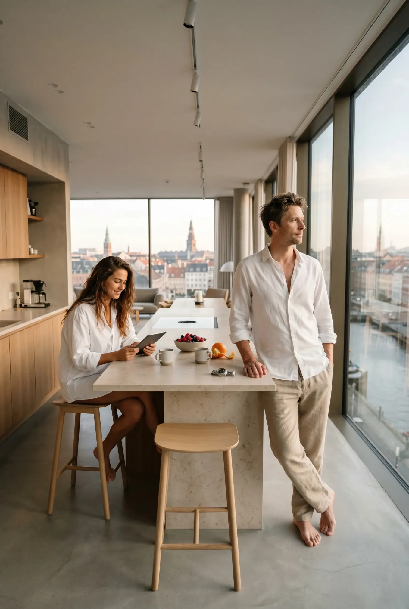 Man and woman in white shirts in a Scandinavian-style kitchen with fruit and coffee cups on the table