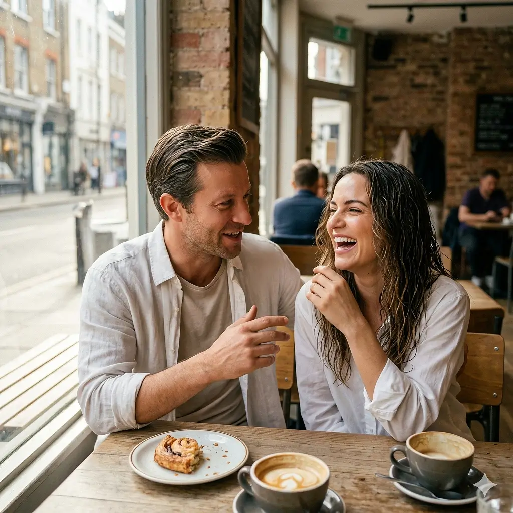 Successful man enjoying coffee date with attractive woman in stylish city café