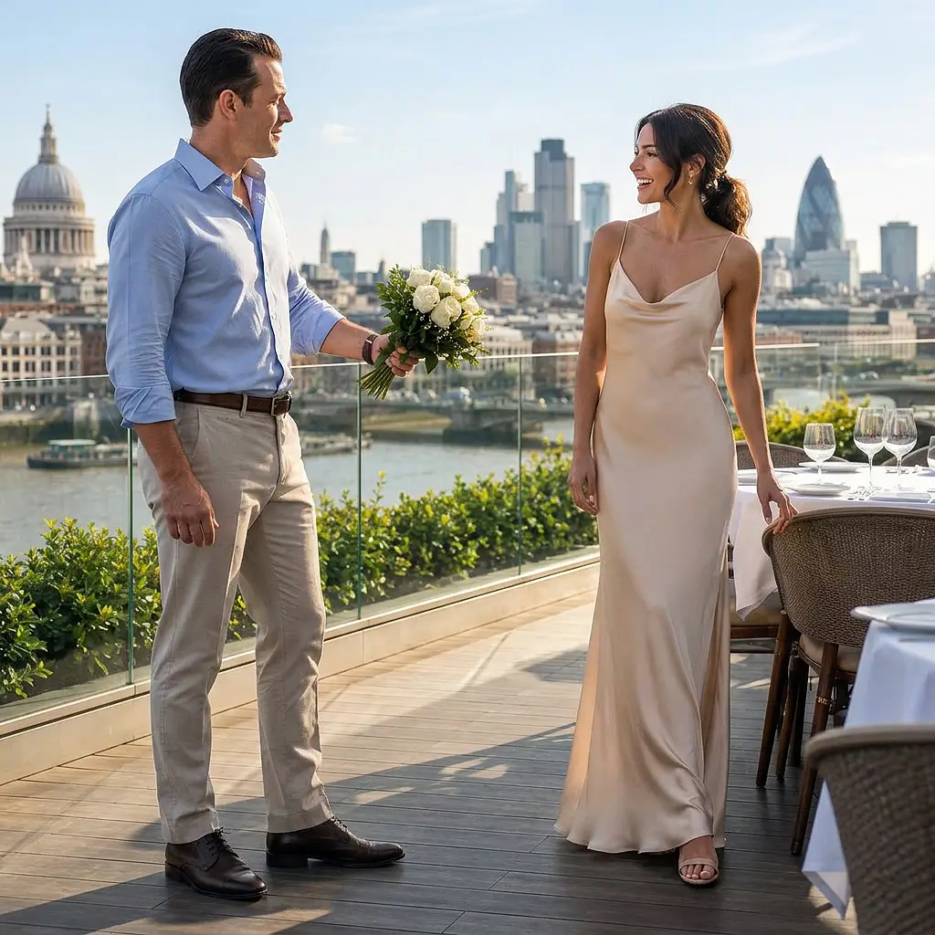 Elegant couple on a rooftop restaurant terrace in London, man presenting flowers to a woman with the city skyline in the background