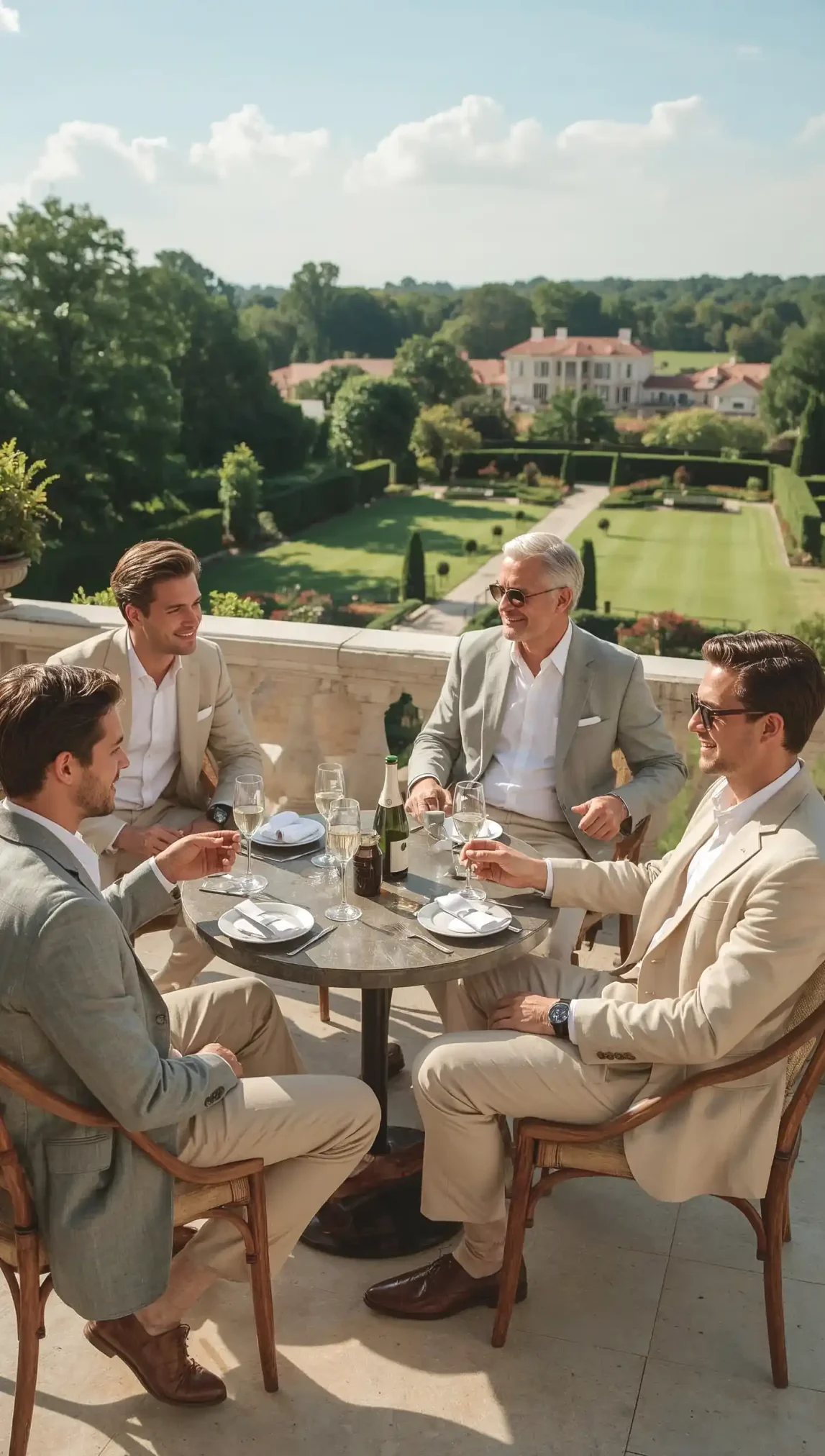 Four men celebrating a bachelor party with champagne at a country club