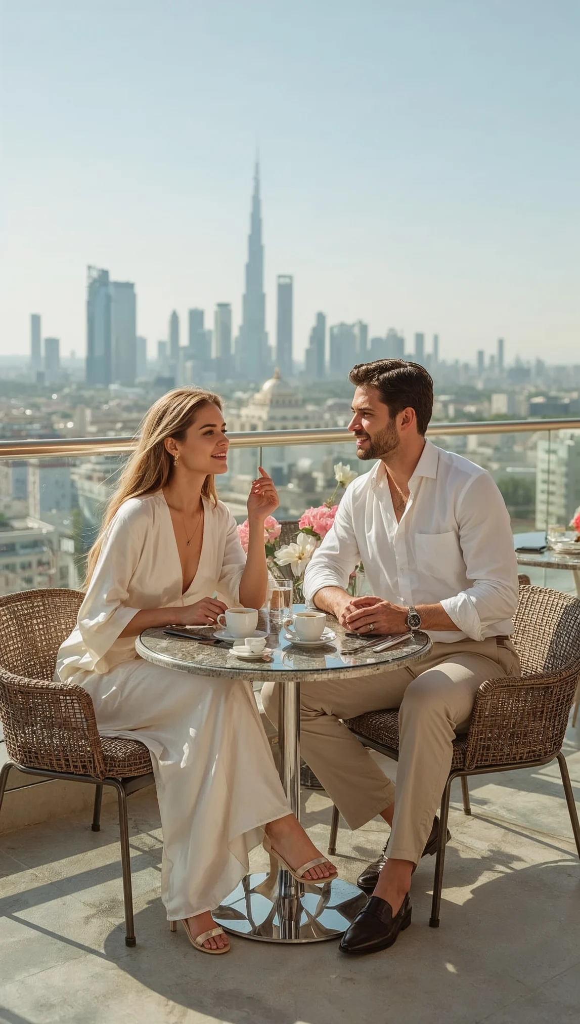 Couple enjoying coffee on an elevated restaurant terrace overlooking the city