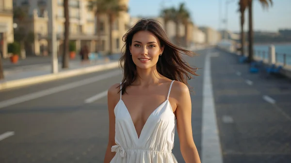 Brunette Ukrainian model in a white strappy dress by a waterfront