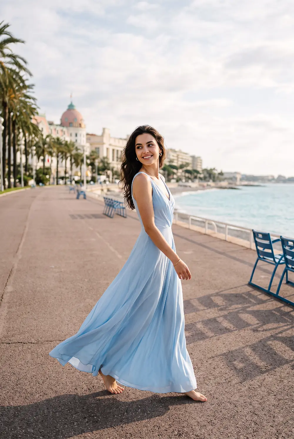 Beautiful young Ukrainian brunette woman walking barefoot along a waterfront in a long blue dress, smiling over her shoulder with palm trees and city skyline in the background.