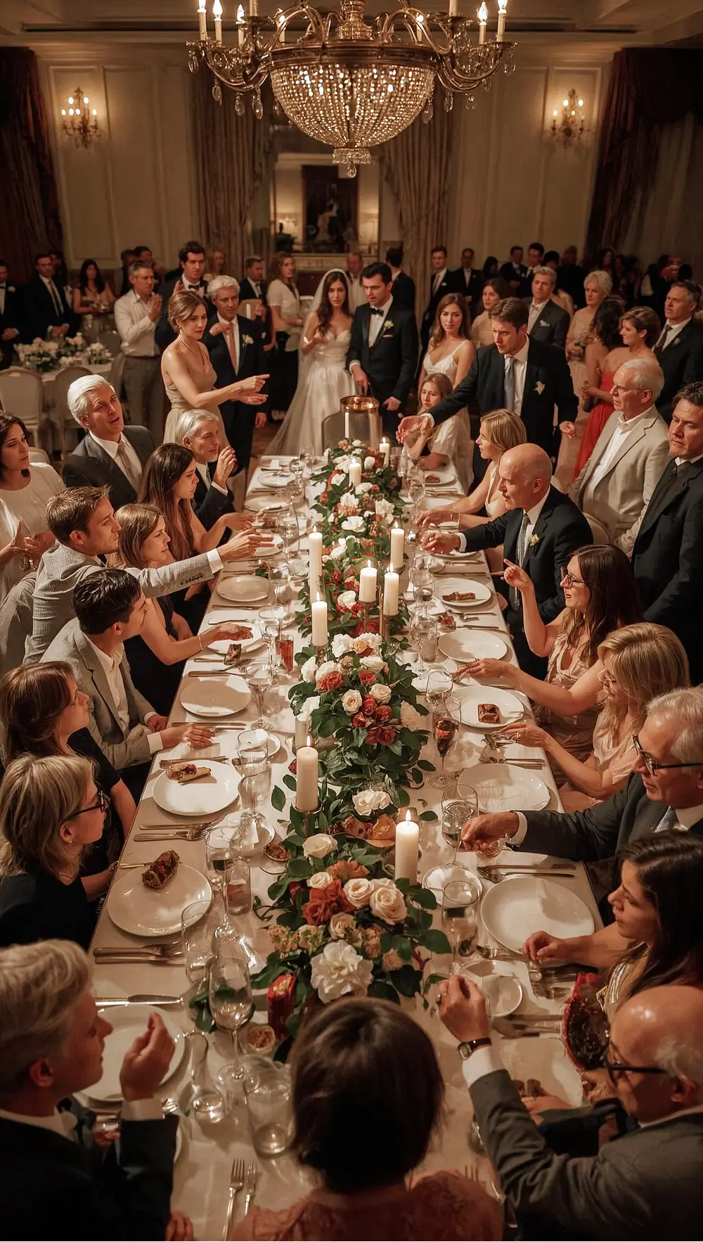 Elegant wedding reception with bride and groom at a formal dinner