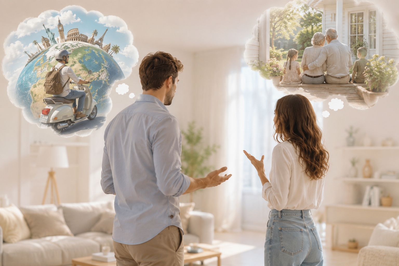 A couple discussing their different visions of the future, with the man imagining world travel and the woman imagining family life