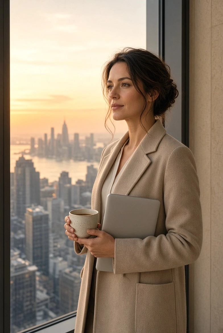 Alpha female overlooking a city skyline